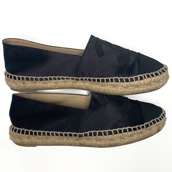 Chanel Satin CC Espadrille EU 38 US 7-7.5 Black Slip On Cap Toe Grosgrain Flat - Picture 6 of 13